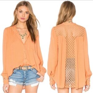 Free People The Best Button Front Orange Lace Accent Blouse
